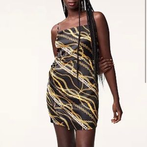 Satin chain link gold black party mini dress NWT Intempo Large
